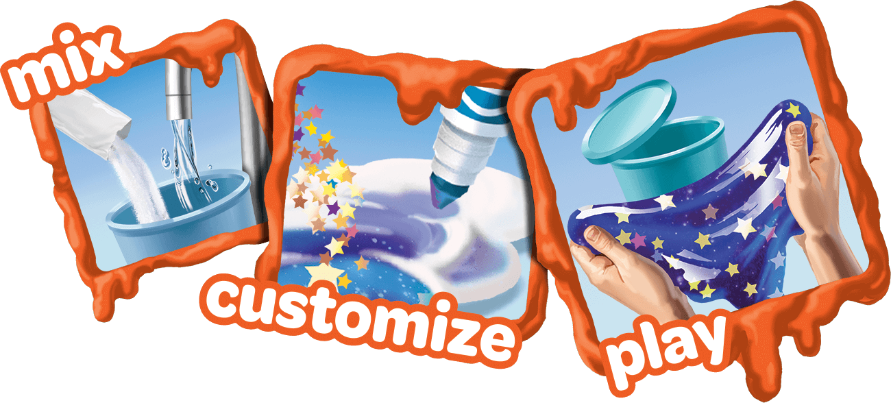 The image shows a three-step process for creating and playing with Crayola Goo. The first step, labeled 'mix,' depicts pouring a liquid into a container. The second step, labeled 'customize,' shows adding color and star-shaped glitter to the mixture. The third step, labeled 'play,' illustrates hands stretching the finished Goo with stars embedded in it.