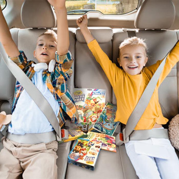 Kids in car with crayola activities
