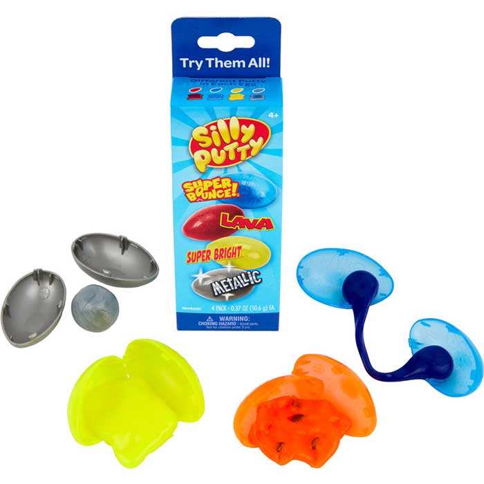 Silly Putty Specialty Pack, 4 Count, packaging and contents.