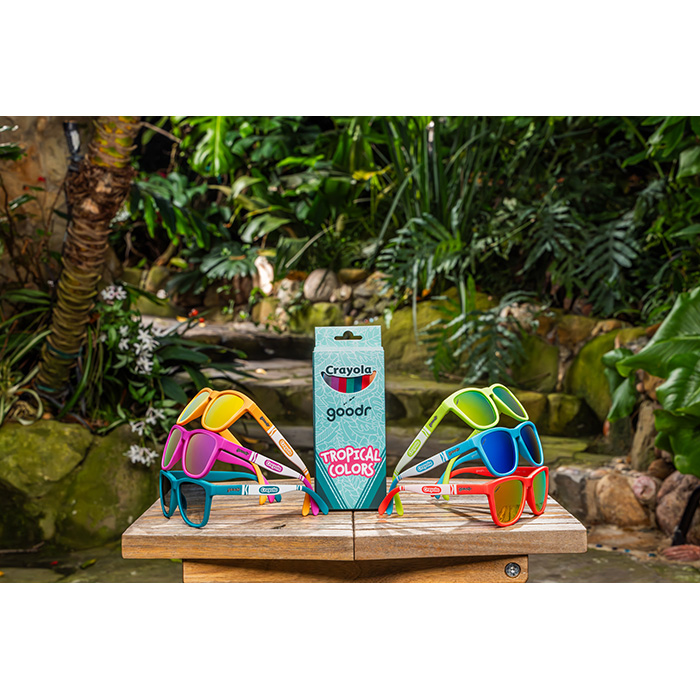 Crayola x goodr Sunglasses, Tropical Colors. Packaging and sunglass selection.