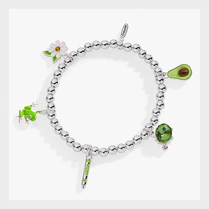 Crayola Charm Stretch Bracelet. silver bracelet with forest green charms.