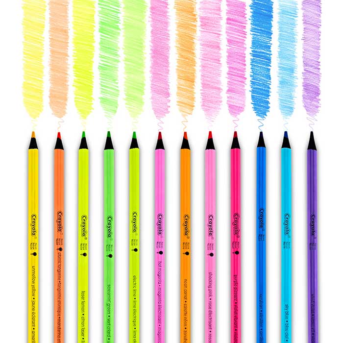 colored Pencils, neon, 12 count. contents and color swatch.