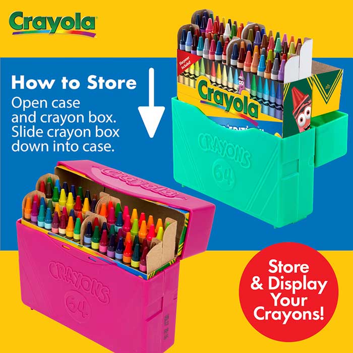 Classic &amp; Limited Edition Crayons, 64 Crayons with case how to store.  Open case and crayon box. Slide crayon box down into case. Store &amp; Display your crayons!