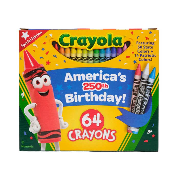 Crayola 64 Count Crayons, America’s 250th Birthday Special Edition Crayons front view.