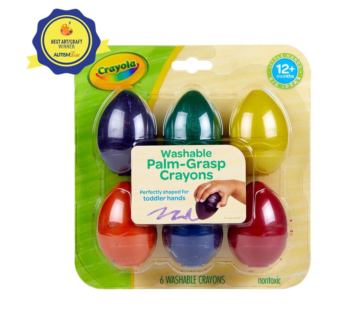 Washable Palm Grasp Crayons 6ct front view with Autism Live award badge.