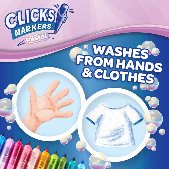 Clicks Retractable Markers, Pastel, 10 Count. Washes from hands and clothes.