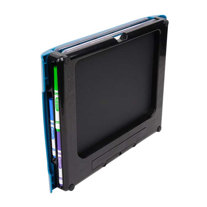Animated Glow Board, Dual-Screen Drawing Board with Animation. Board standing up side view with marker storage.