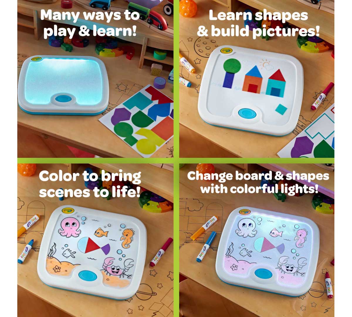 Light Up Activity Board many ways to play and learn! Learn shapes and build pictures! Color to bring scenes to life! Change board and shapes with colorful lights!